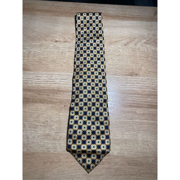 Emilio Rusconi Exclusive Silk Tie, Geometric Designer- Gold, Navy, Green, Cream - Picture 1 of 6